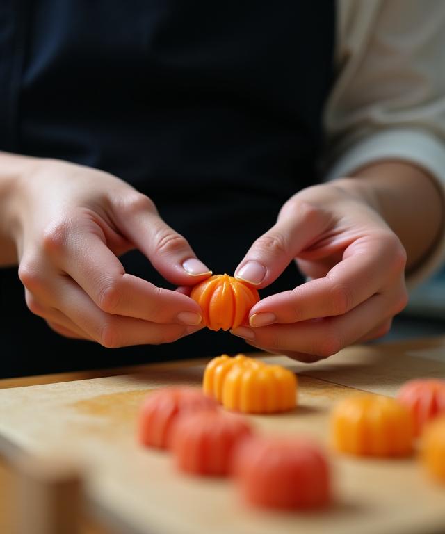 和菓子を丁寧に手作りする職人の手元