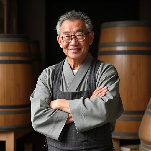 漬物樽の前で腕を組む漬物職人の田中さん