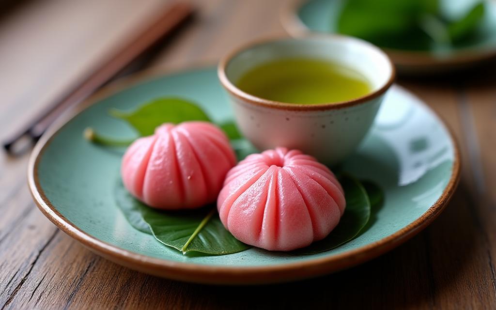 桜の葉に包まれた桜餅と湯呑みに入った緑茶